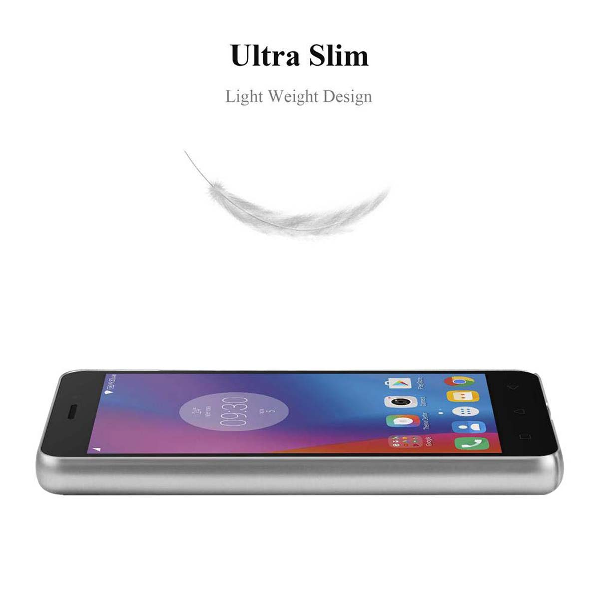 Ein Telefon, das auf der Seite liegt und ein ultradünnes Design mit einer Feder darüber zeigt.