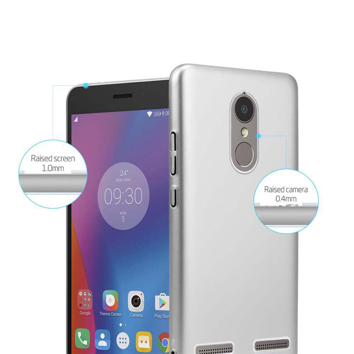 Silbernes Telefon mit silberner Hülle. Der Bildschirm und die Kamera sind leicht über die Hülle erhaben.