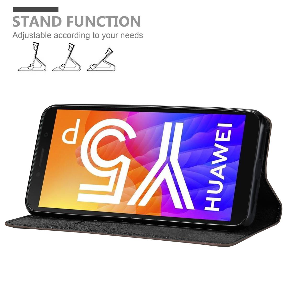 Schwarzes Telefon in einer schwarzen Hülle. Standfunktion. Telefon befindet sich auf dem Bildschirm mit Y5-Logo.