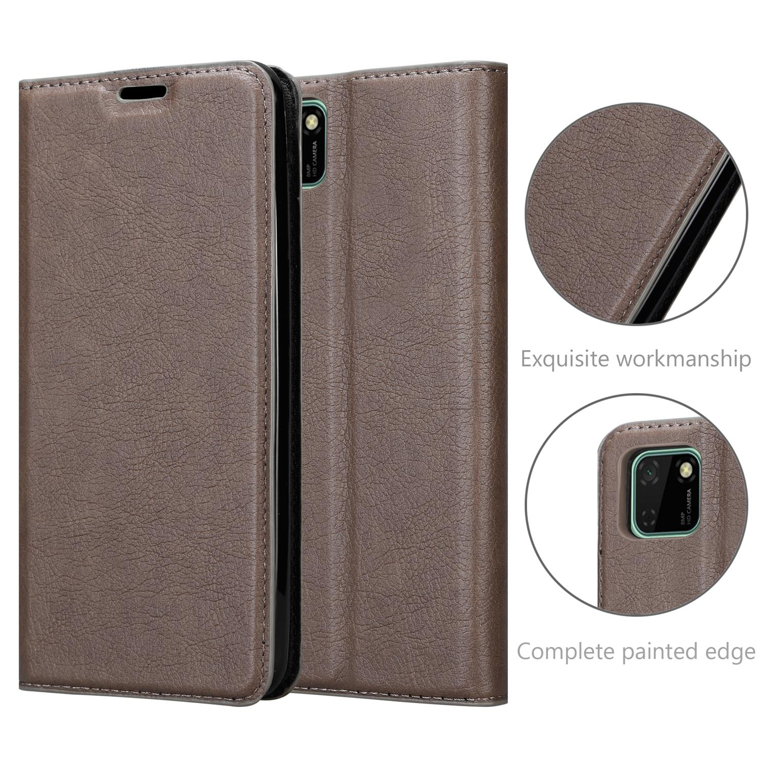 Braune Handyhülle offen mit Telefon und Details. Exquisite Verarbeitung und vollständig lackierter Kanten-Text sind sichtbar.