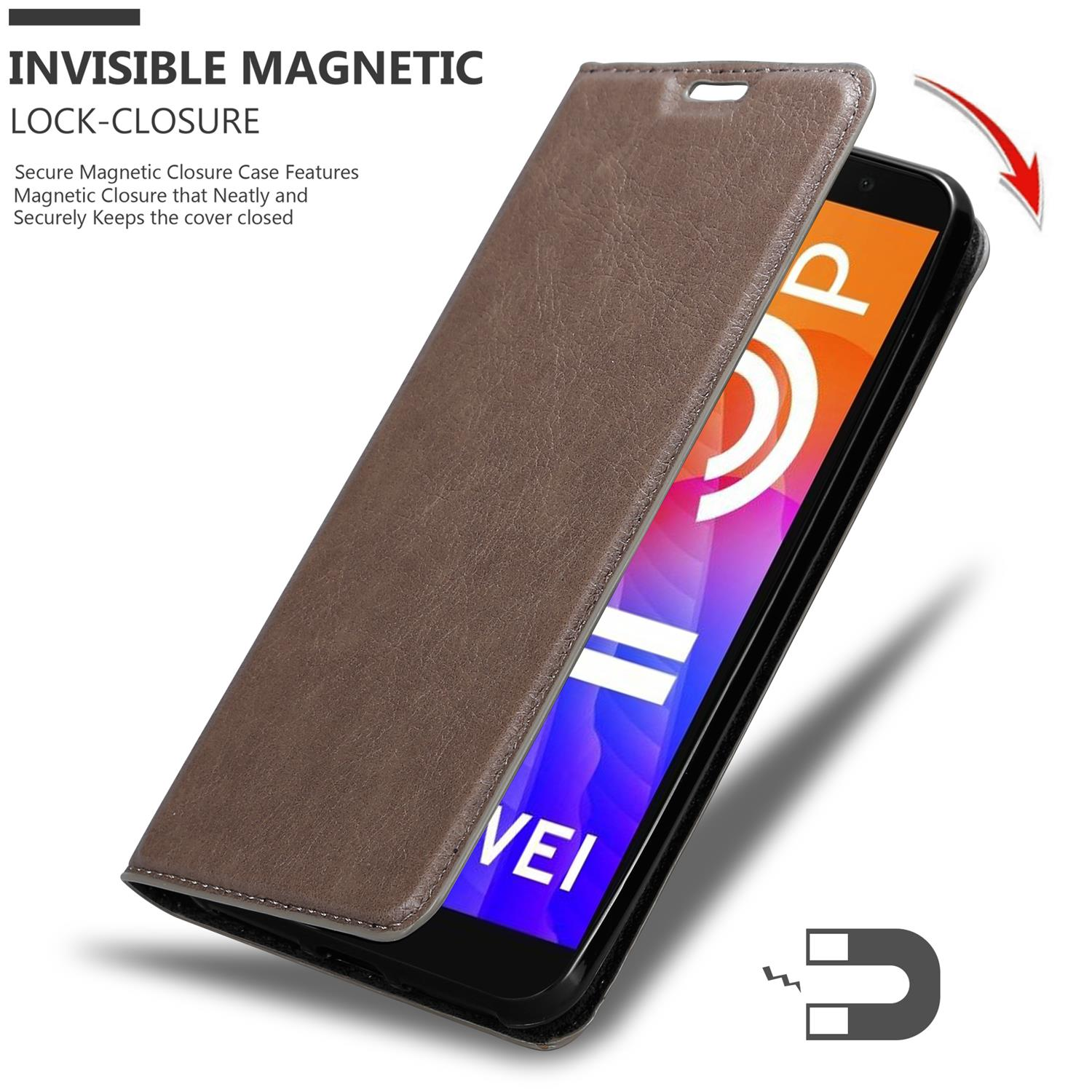 Braune Handyhülle offen, zeigt Telefon. Text: Unsichtbarer Magnetverschluss. Hintergrund ist weiß.
