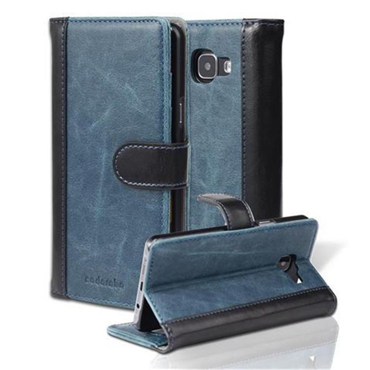 Funda de teléfono bicolor azul y negro. El teléfono está en la funda y es visible. La funda está abierta. Textura de cuero.