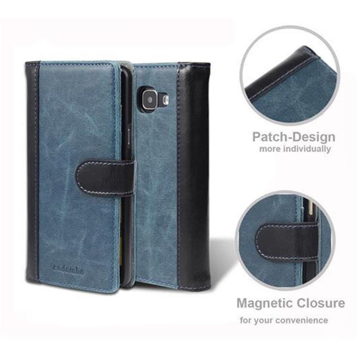 Funda de teléfono azul y negra, cerrada, mostrando un teléfono dentro. Cuenta con diseño de parche y cierre magnético.