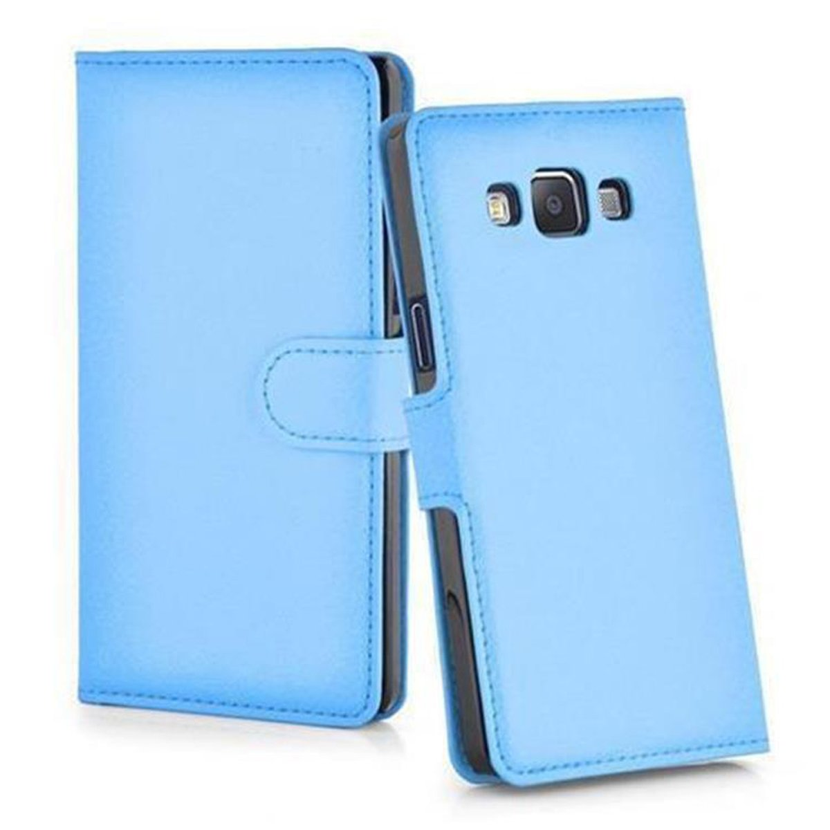 Custodia blu per telefono con un telefono all'interno.