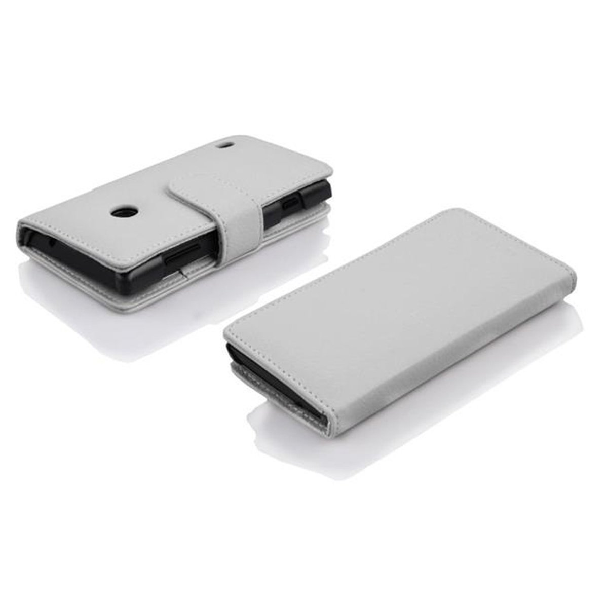 Dos fundas de teléfono gris claro. Una abierta, otra cerrada. Ambas tienen un cierre de solapa.