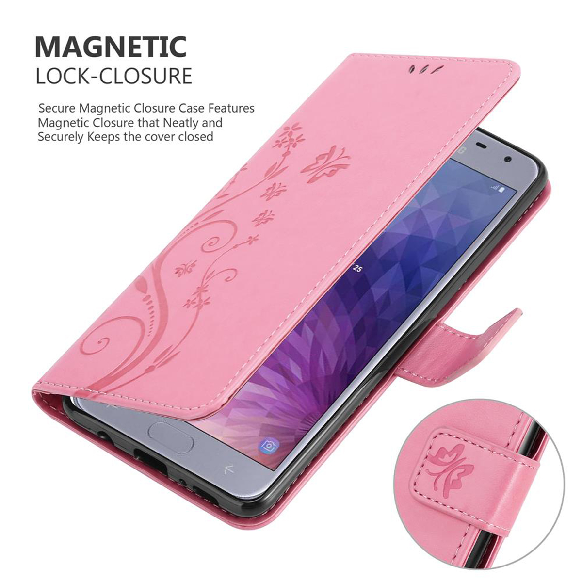 Custodia rosa per telefono aperta, mostra telefono, con design floreale. Chiusura magnetica.
