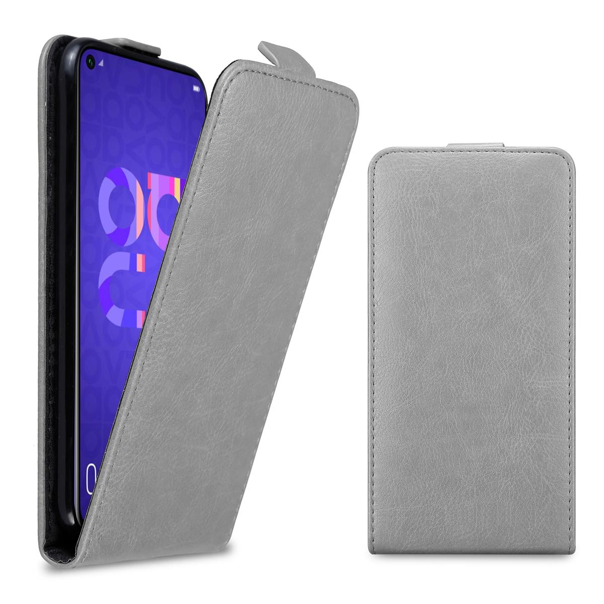 Eine graue Handyhülle ist geöffnet. Ein Telefon zeigt ein Logo an. Die Hülle hat einen Magnetverschluss.