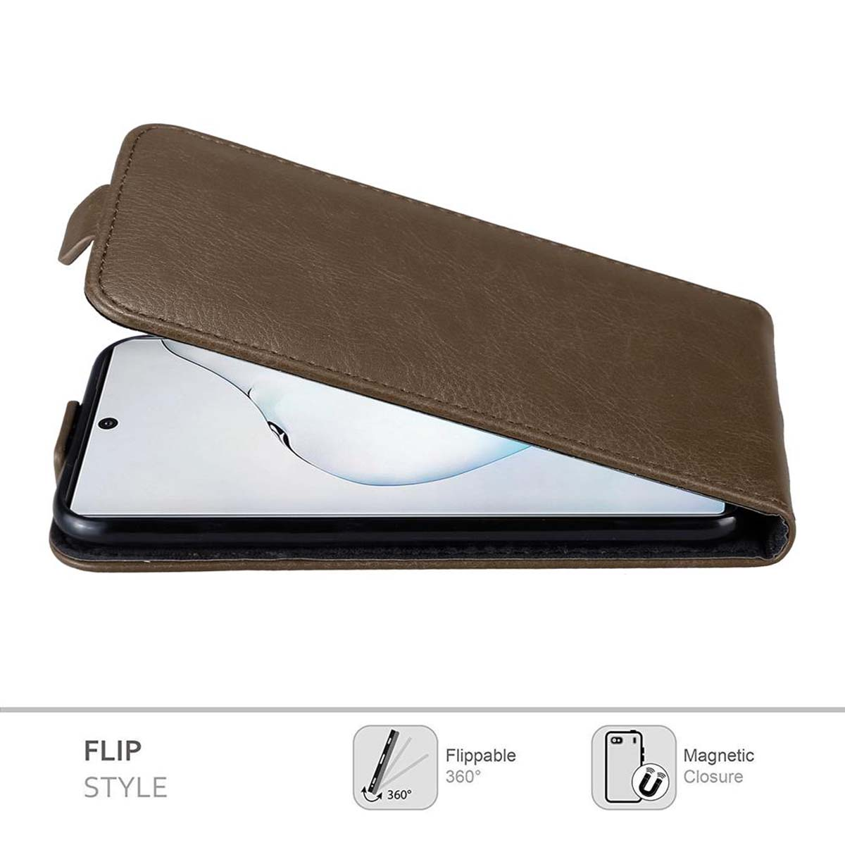Custodia per telefono in pelle marrone con telefono all'interno su una superficie bianca.
