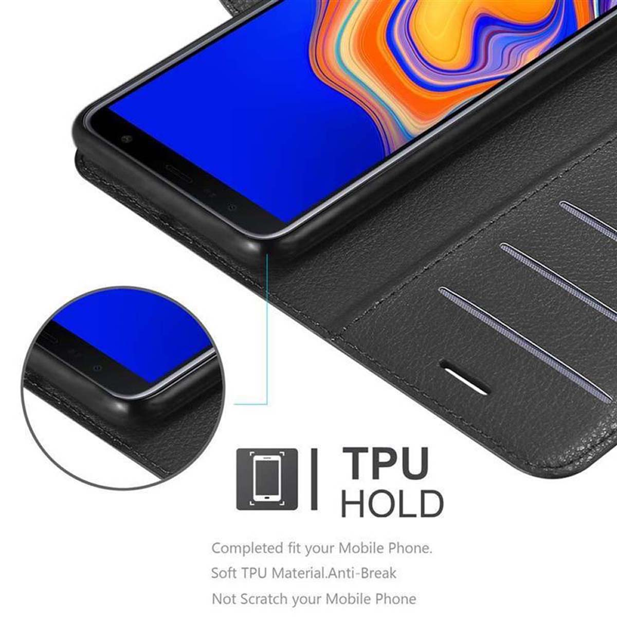 Custodia nera. Telefono nella custodia, la custodia ha fessure per carte. Lo schermo è blu.