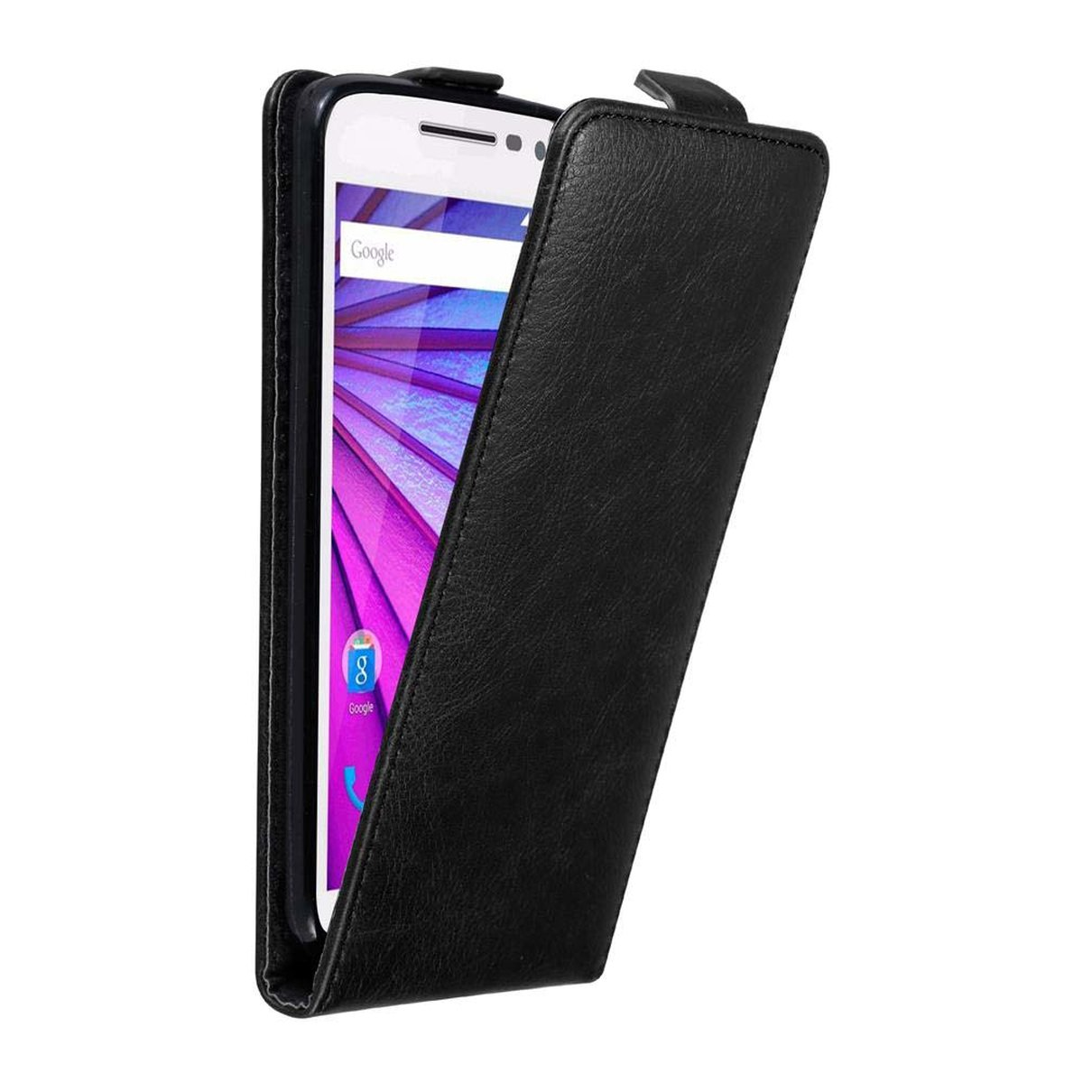 Funda negra para teléfono, abierta, sosteniendo un teléfono que muestra una barra de búsqueda de Google.