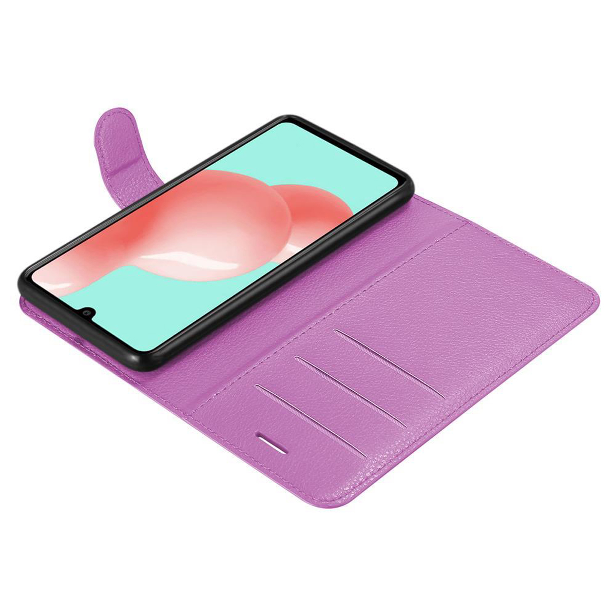 Lila Handyhülle mit Telefon. Das Telefon ist offen. Die Hülle hat drei Schlitze.