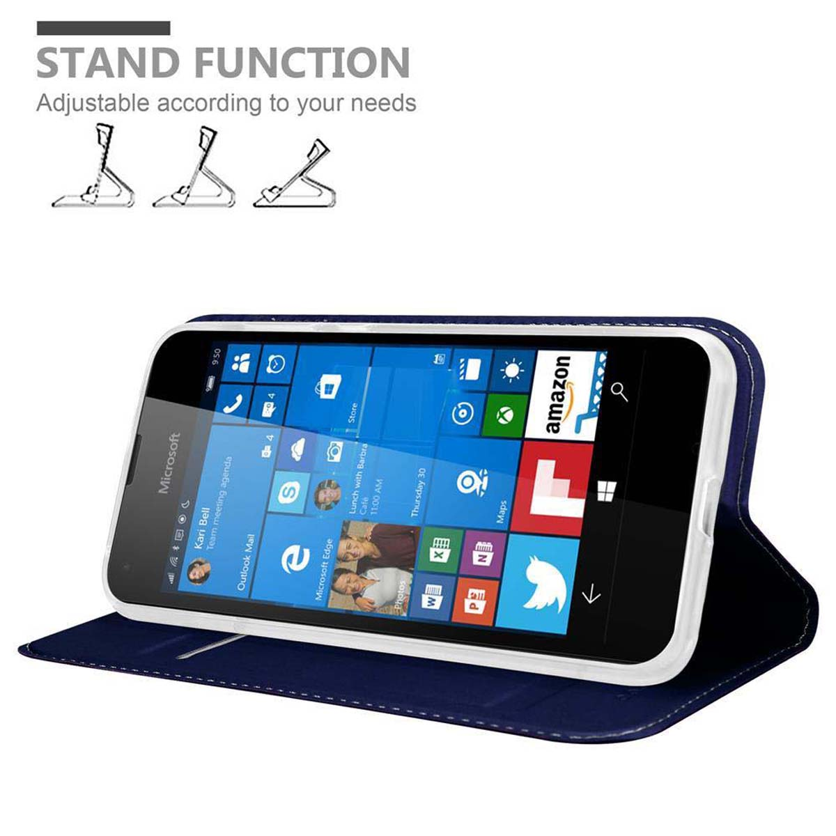 Custodia per telefono blu aperta con un telefono all'interno. Il telefono mostra la schermata principale. Funzione supporto.