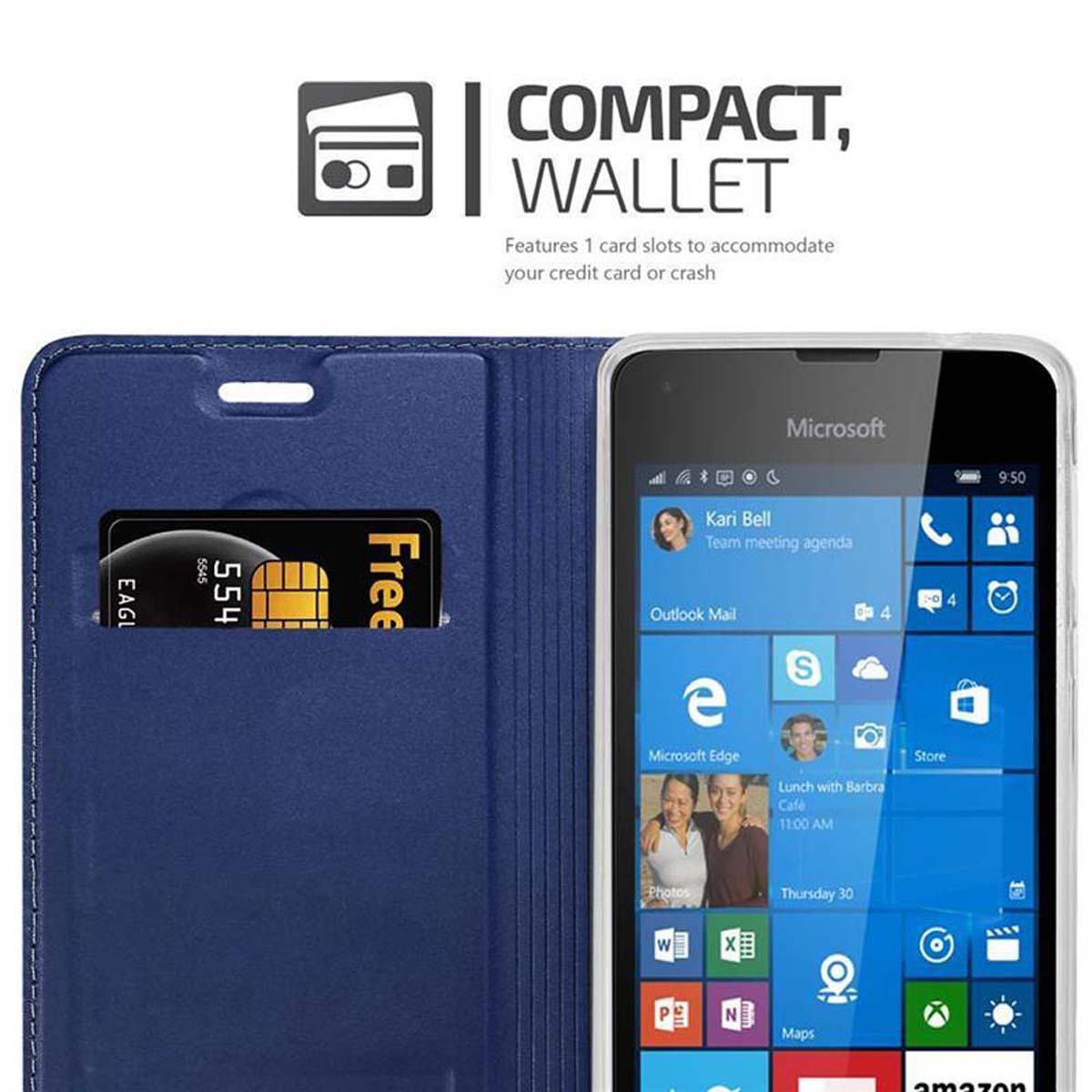 Un telefono in una custodia a portafoglio blu, aperto, con carta di credito e app sullo schermo.