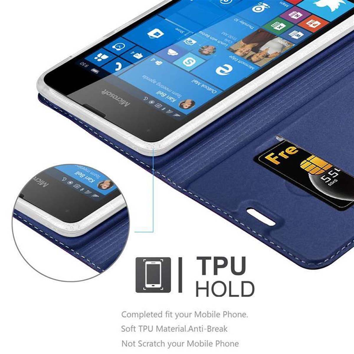 Custodia blu per telefono con telefono che mostra l'interfaccia Microsoft e una SIM.