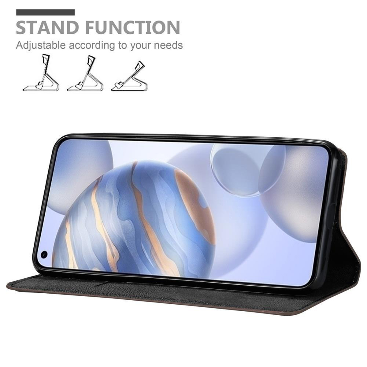 Custodia del telefono in posizione di supporto, mostrando lo schermo con sfondo azzurro.