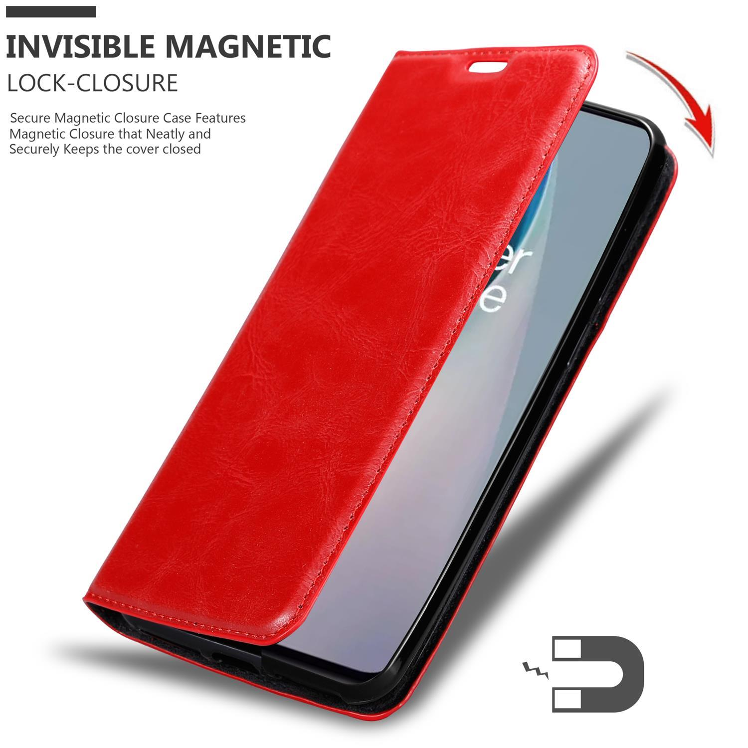 Custodia rossa aperta, mostra telefono. Un magnete e una freccia mostrano la chiusura magnetica.