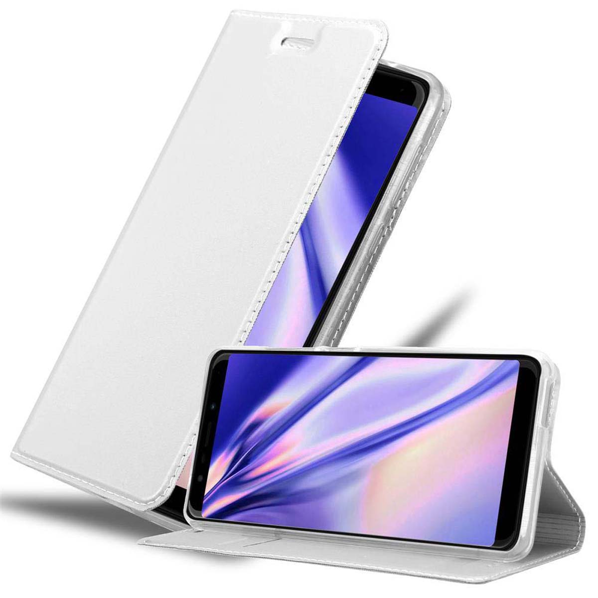 Funda blanca para teléfono con un teléfono dentro. La pantalla del teléfono es visible.