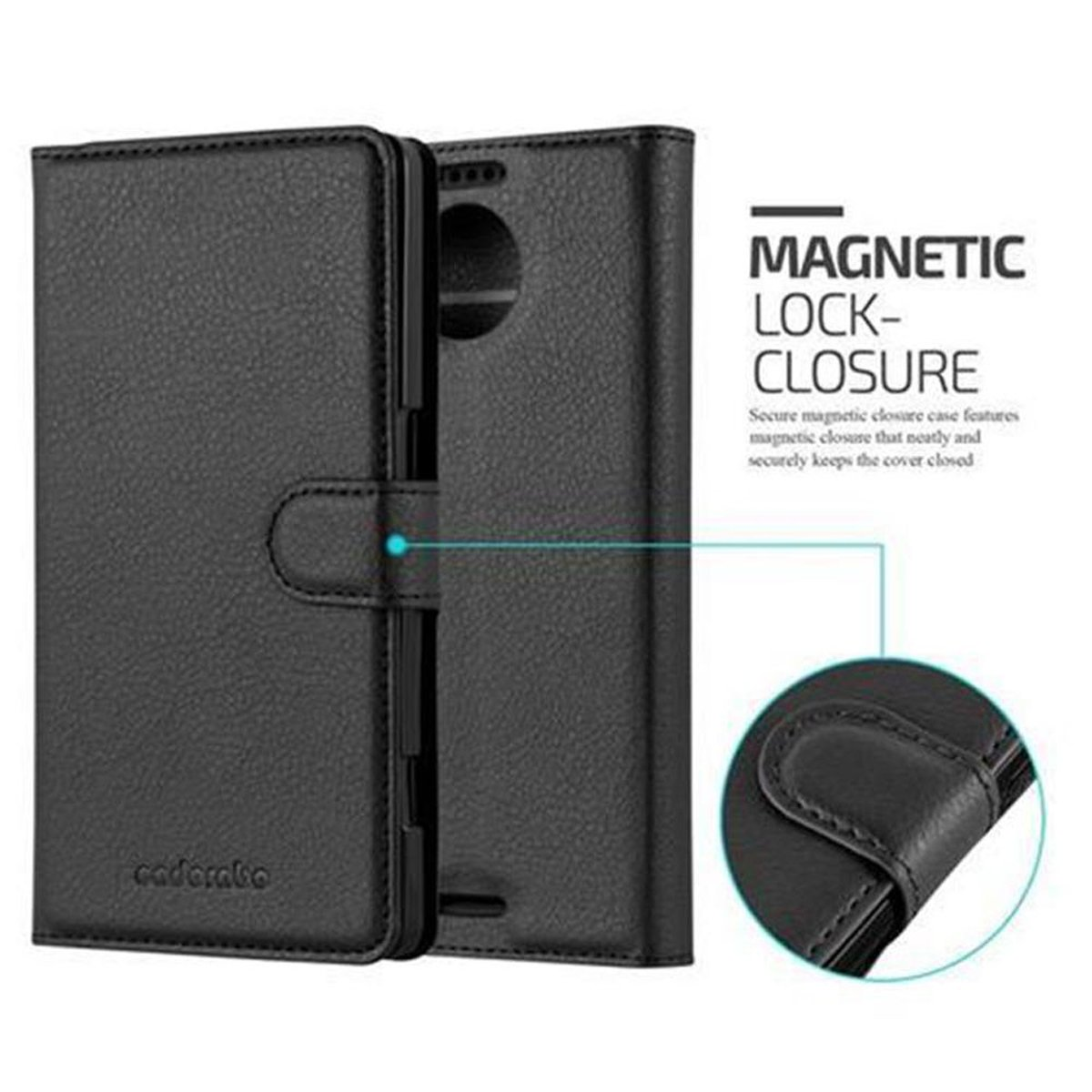 Custodia nera per telefono con chiusura magnetica. La custodia è chiusa e aperta, mostrando l'interno.