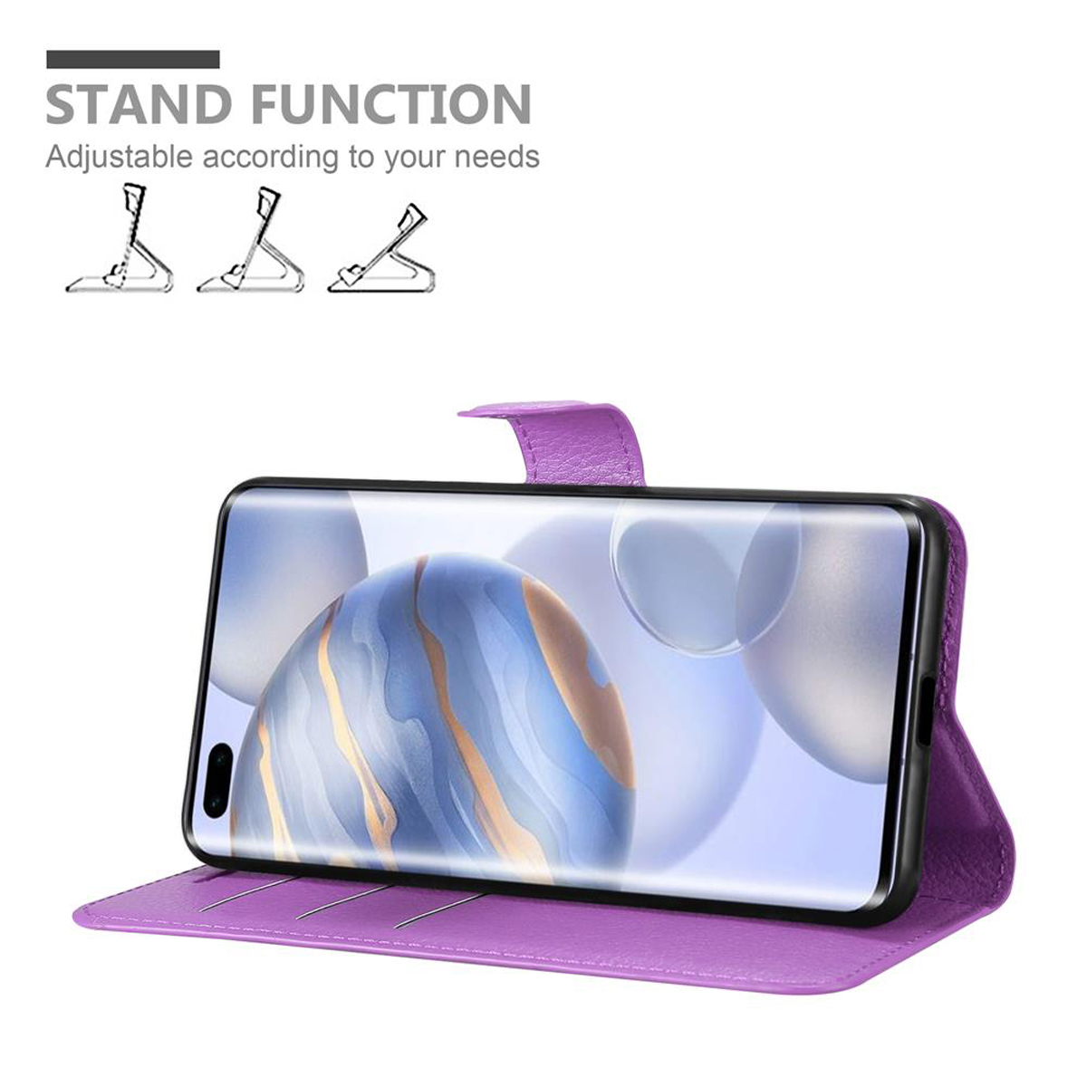 Custodia per telefono viola con telefono. Il telefono è visualizzato in una custodia per telefono viola aperta. La custodia è su una superficie bianca.