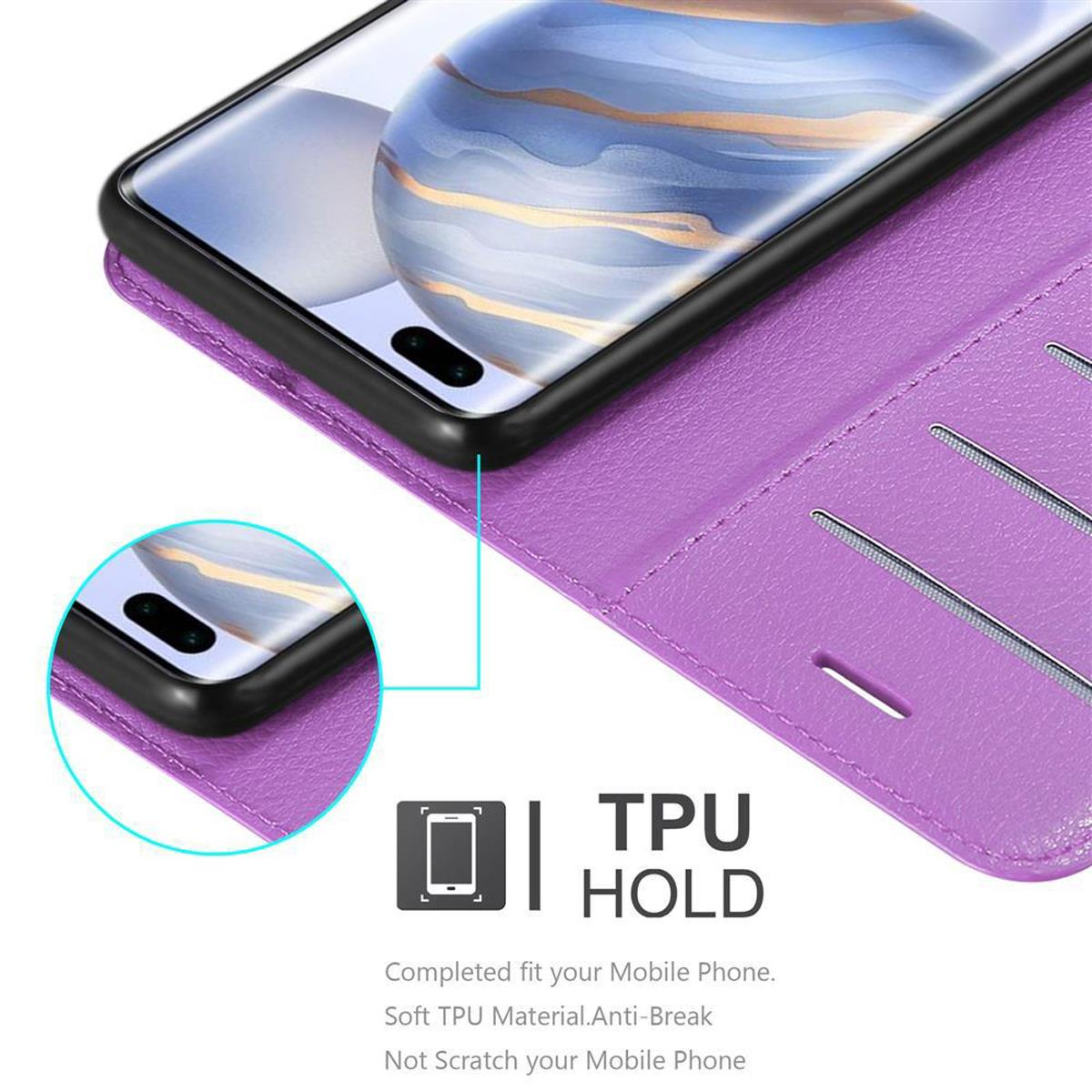Custodia per telefono viola con telefono, con un segnale TPU HOLD.