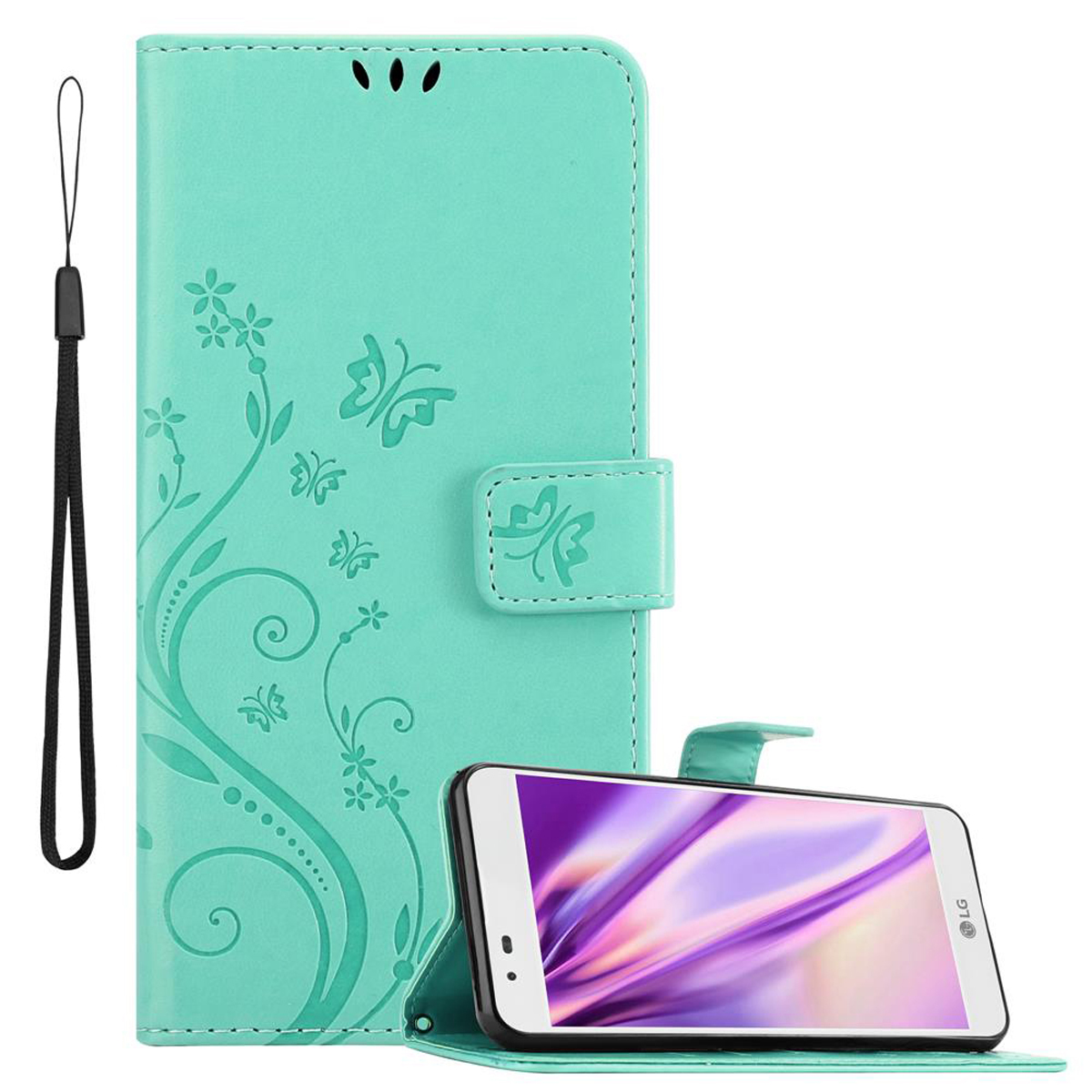 Funda de teléfono verde azulado con diseño floral, sosteniendo un teléfono con pantalla morada.