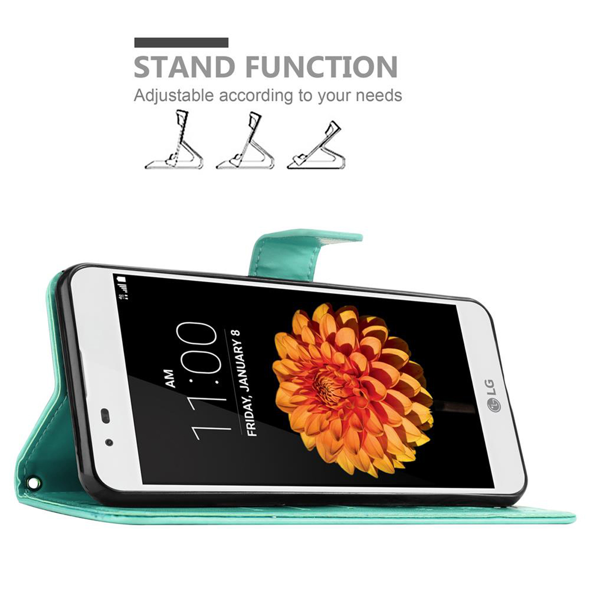 Una funda de teléfono verde azulado está abierta, mostrando un teléfono. La funda tiene una función de soporte.