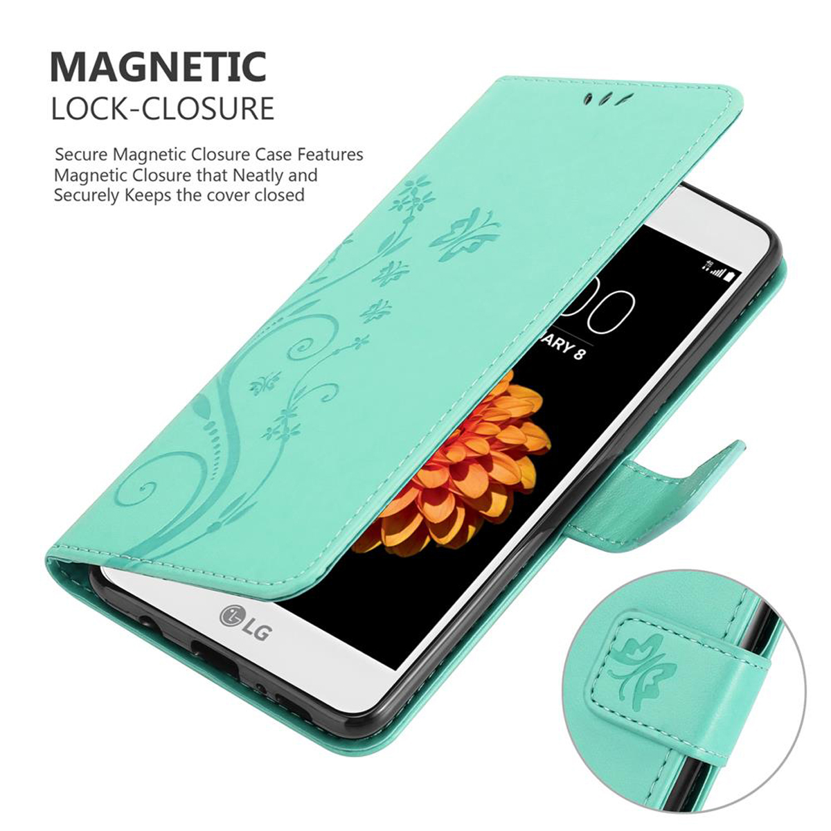 Funda de teléfono verde menta con diseño floral, abierta para revelar un teléfono con pantalla de flor naranja.