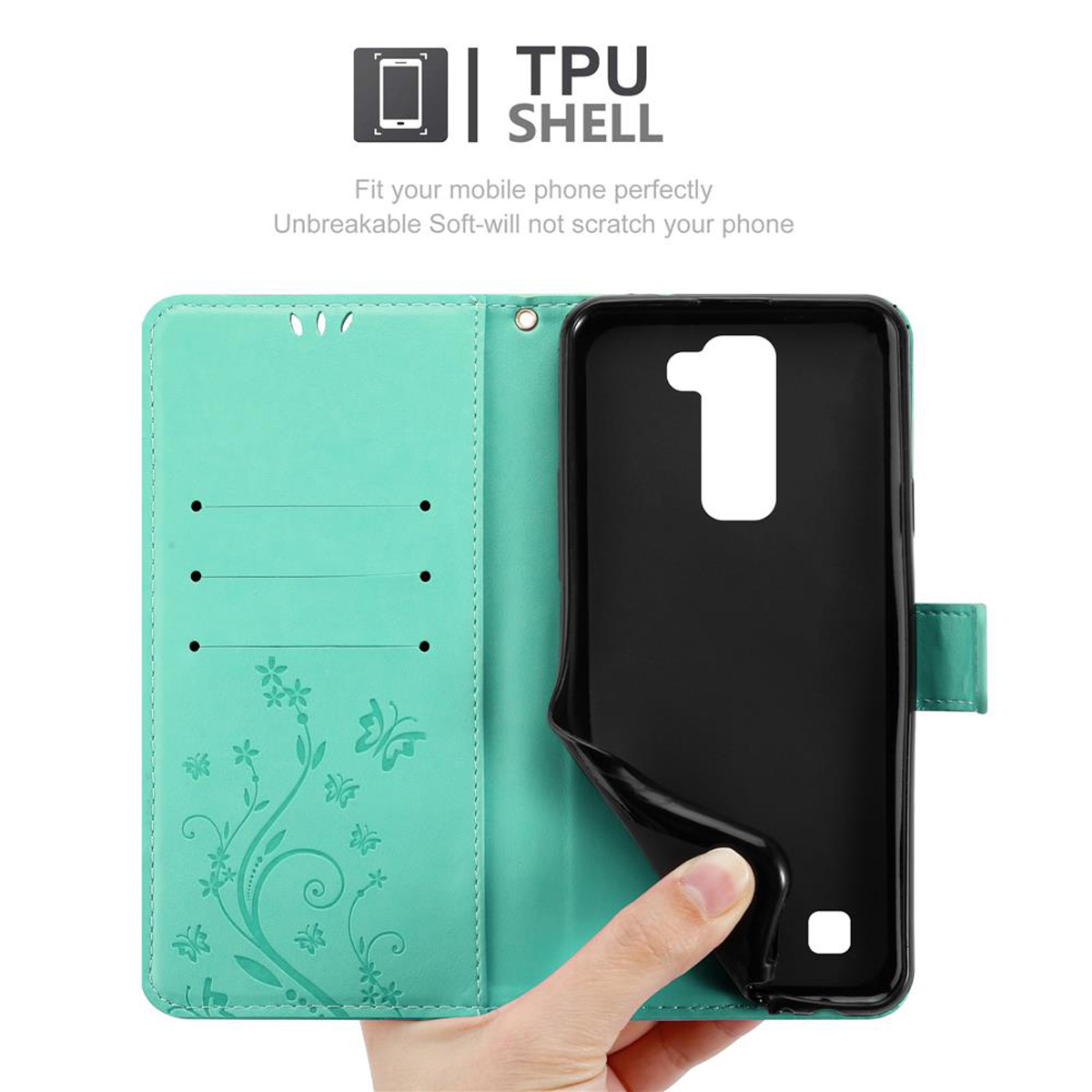 Funda de teléfono verde azulado abierta con teléfono dentro. El texto dice carcasa de TPU. Mano sosteniendo.
