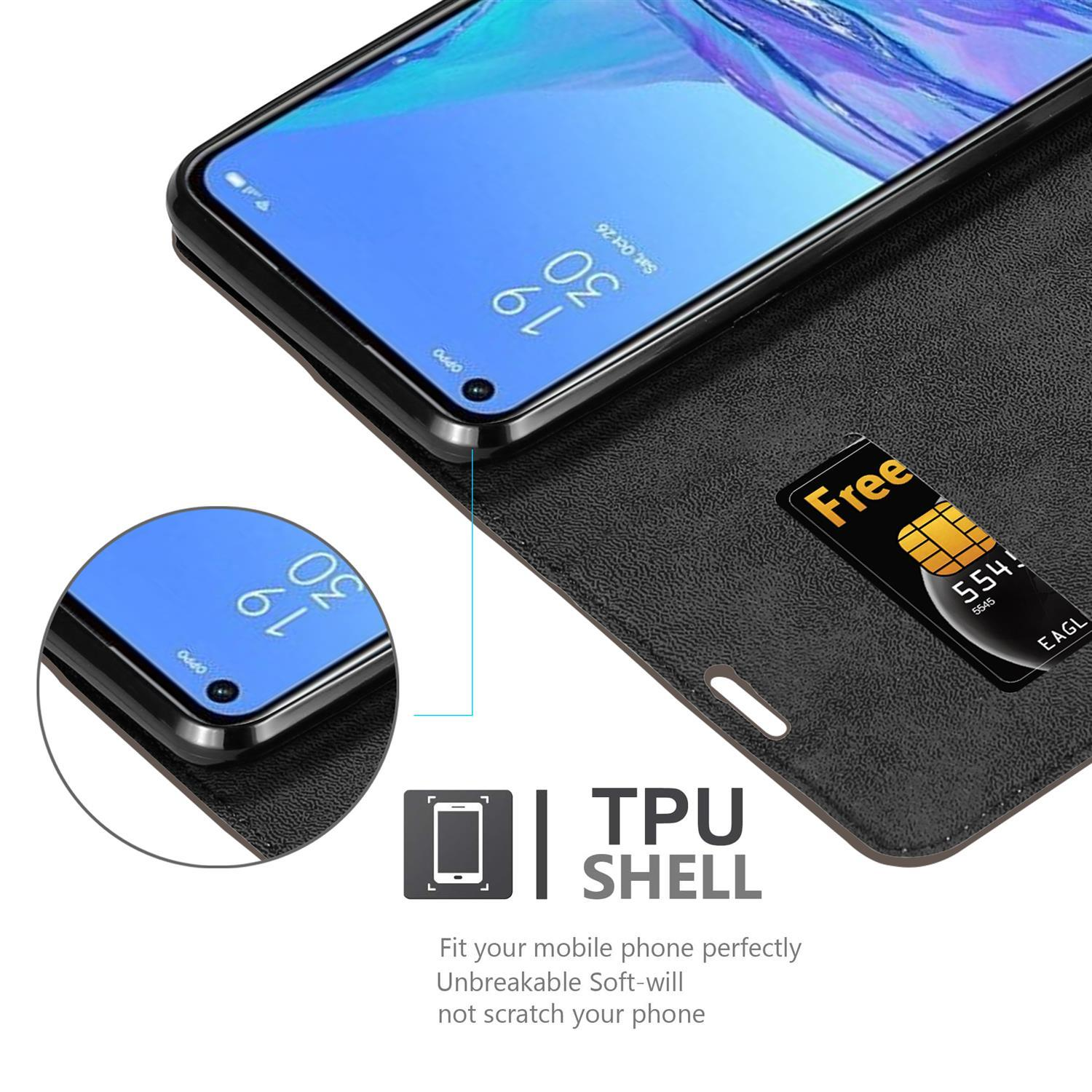 Schwarze Handyhülle mit Telefon. Der Bildschirm ist blau, und eine SIM-Karte ist sichtbar.