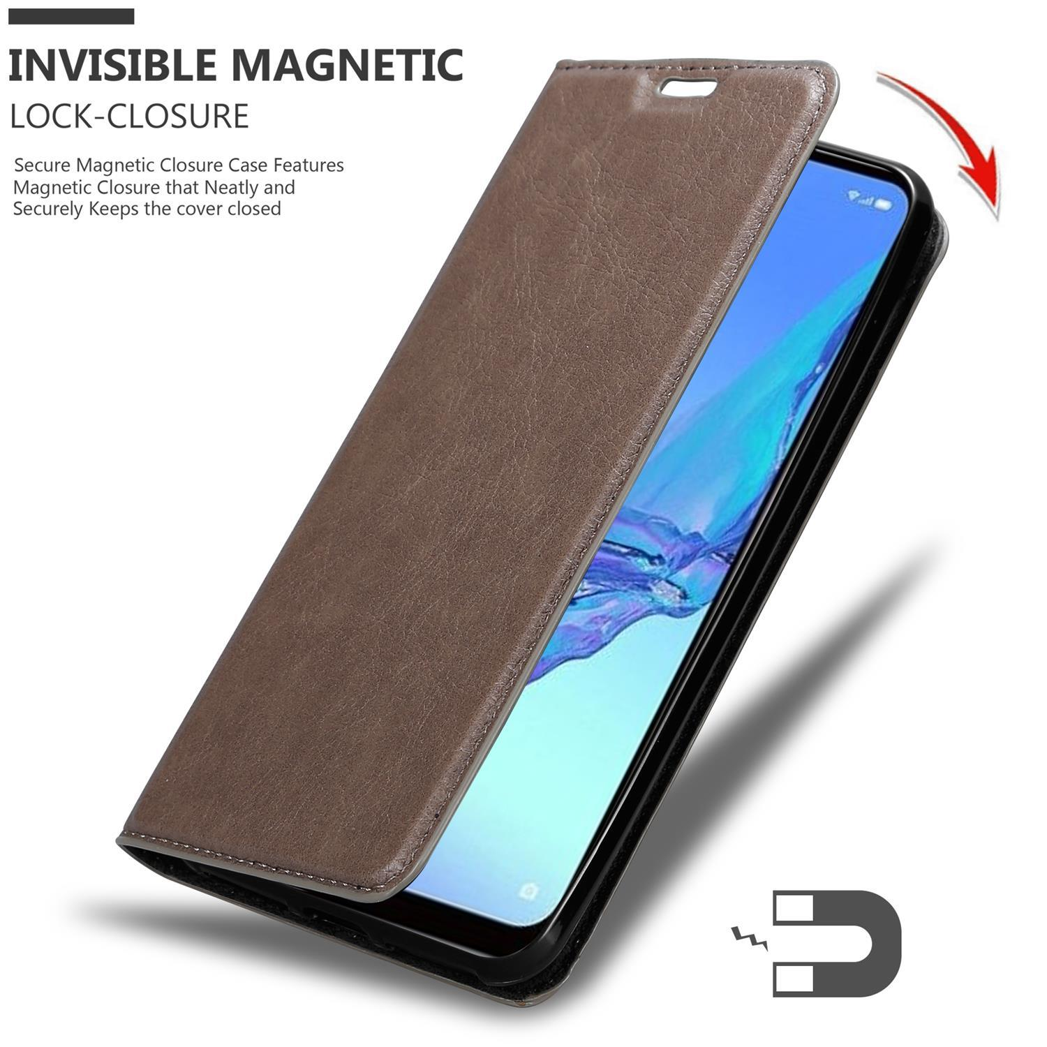 Braune Handyhülle, offen, mit einem Telefon darin. Die Hülle hat eine magnetische Verriegelungsfunktion.