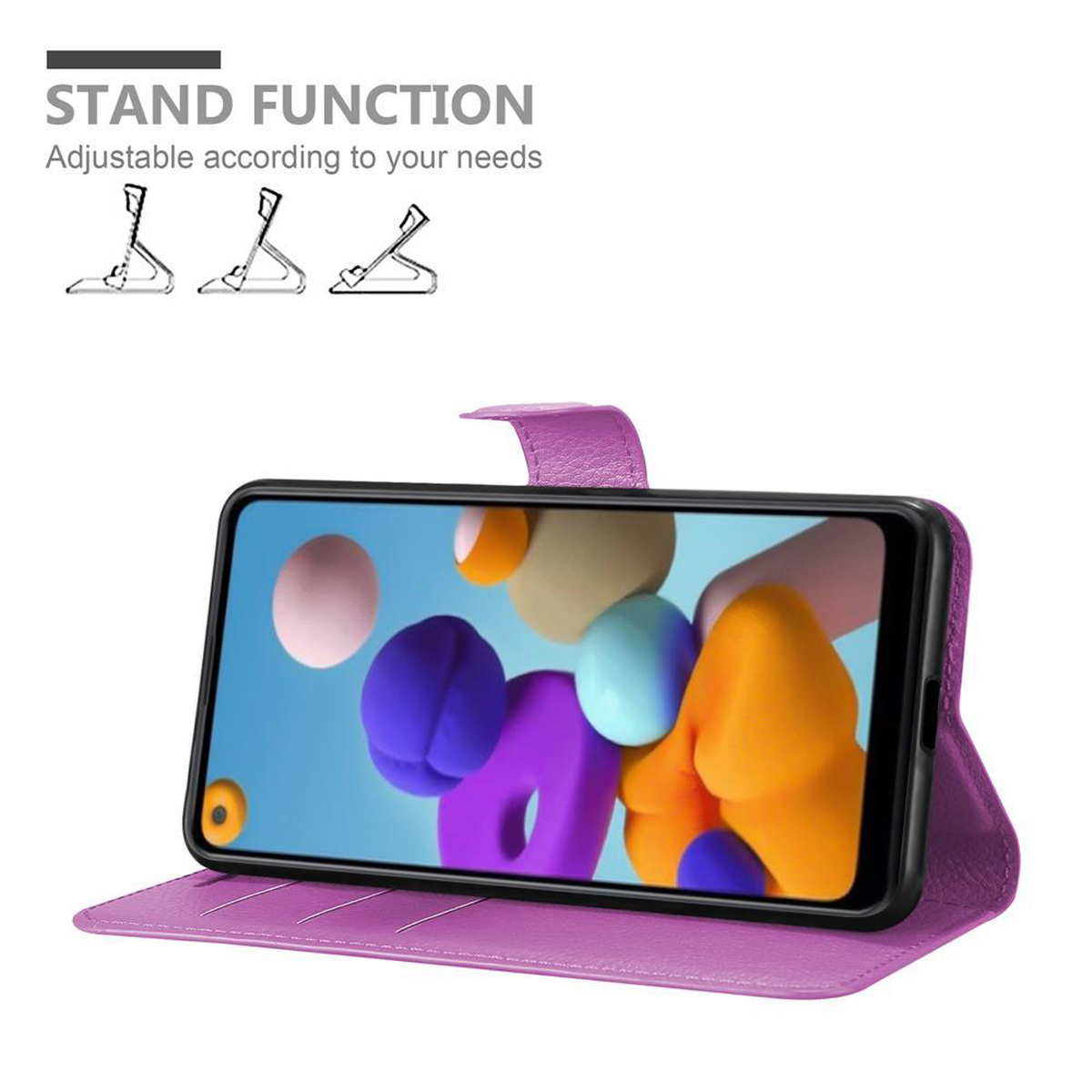 Custodia per smartphone viola con telefono all'interno, mostrata in funzione stand. Sfondo astratto colorato sullo schermo.