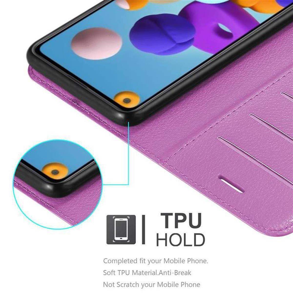 Custodia per telefono viola con un telefono all'interno. Mostra TPU HOLD. Testo: Adattamento completo per il tuo cellulare.