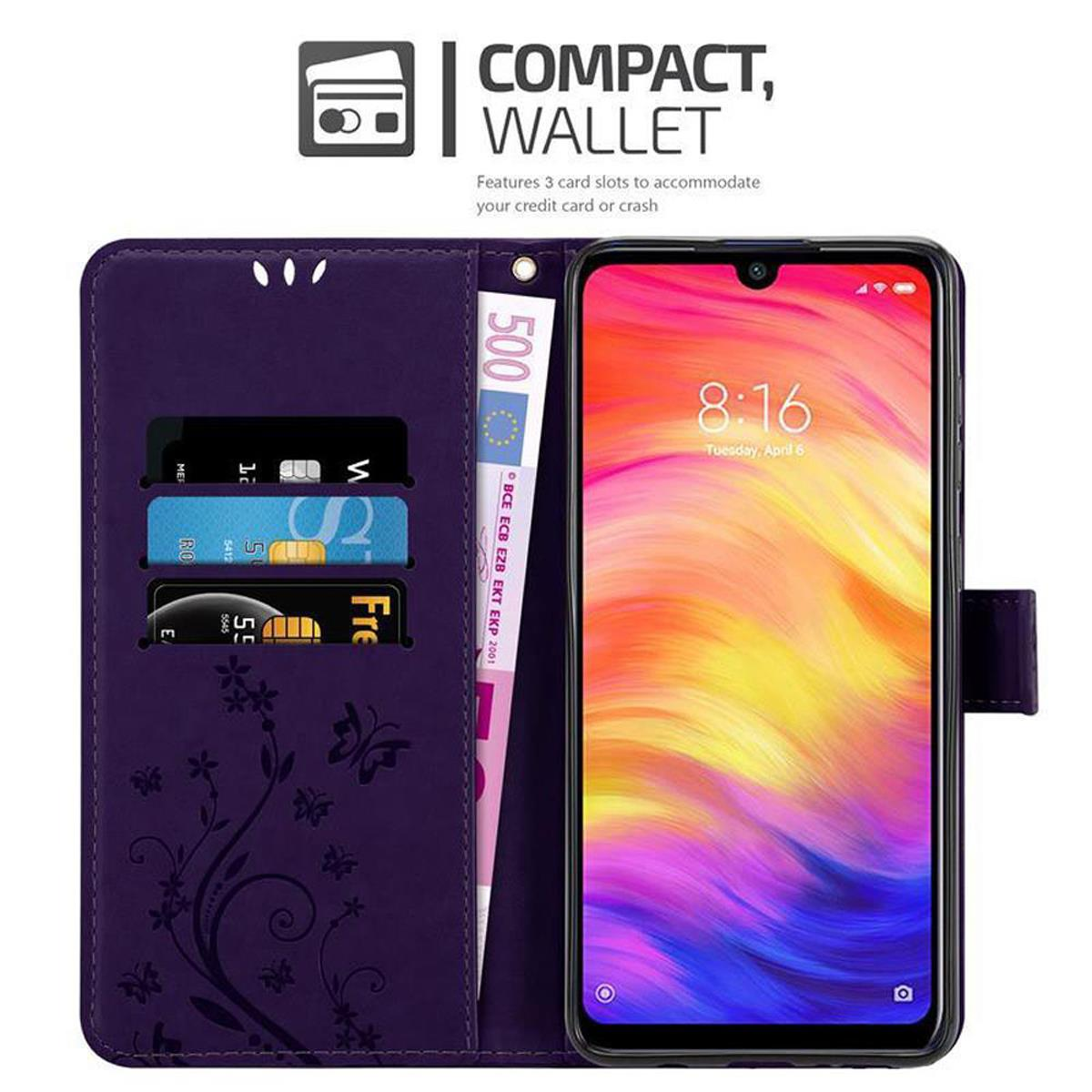 Telefono in custodia viola, con fessure per carte e vano portadenaro.