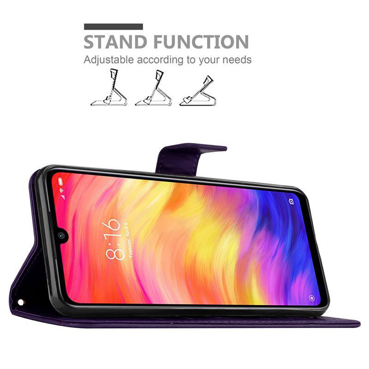 Telefono in una custodia viola, che mostra uno schermo. È aperto, mostrando la funzione supporto.