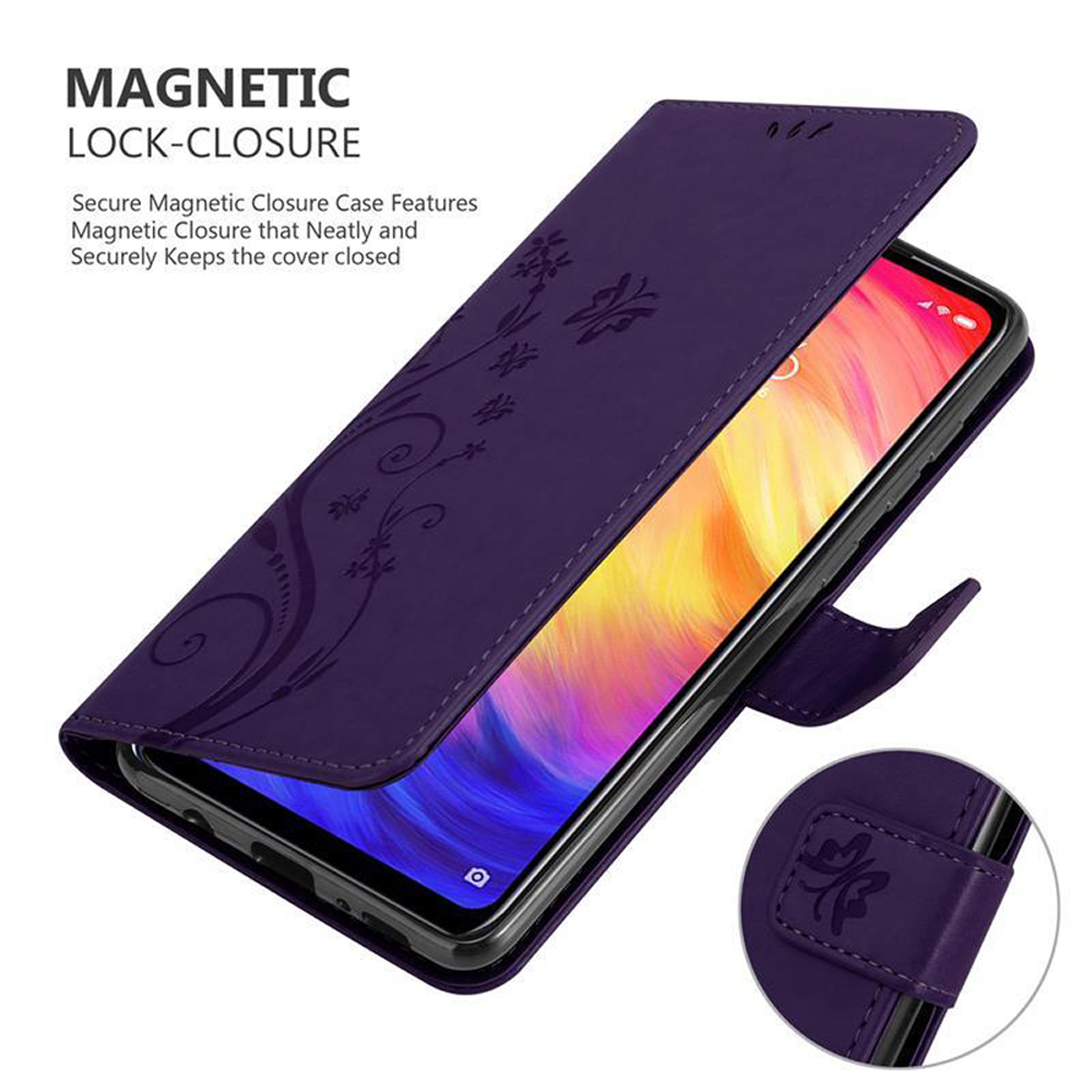 Custodia viola con design floreale, telefono dentro. Testo: Chiusura magnetica.