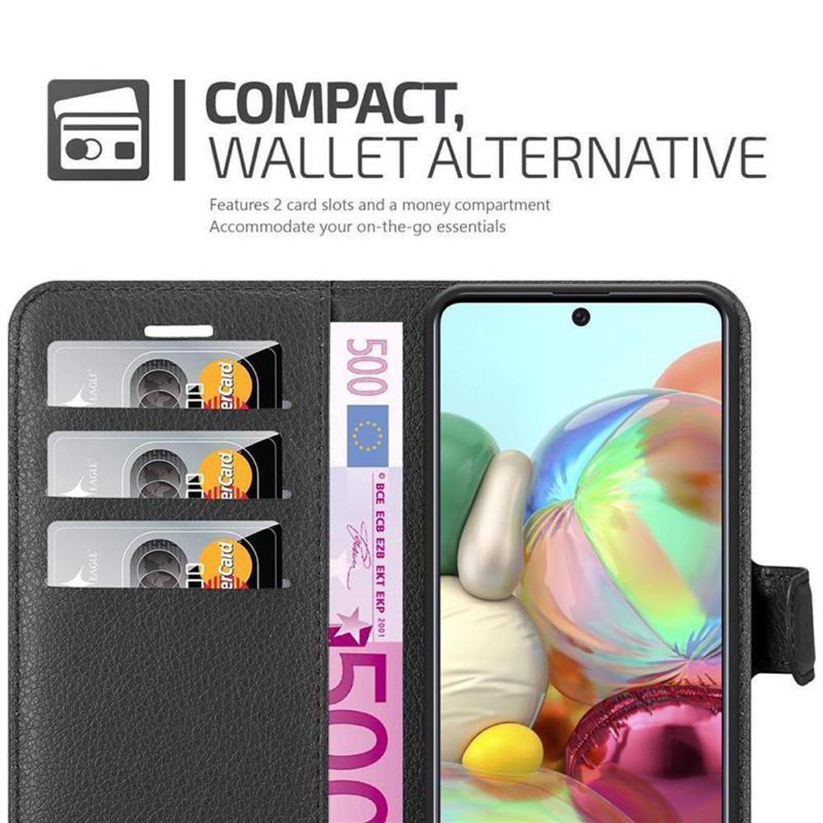 Custodia per telefono con slot per carte e denaro. Il telefono ha uno sfondo colorato e mostra l'ora.