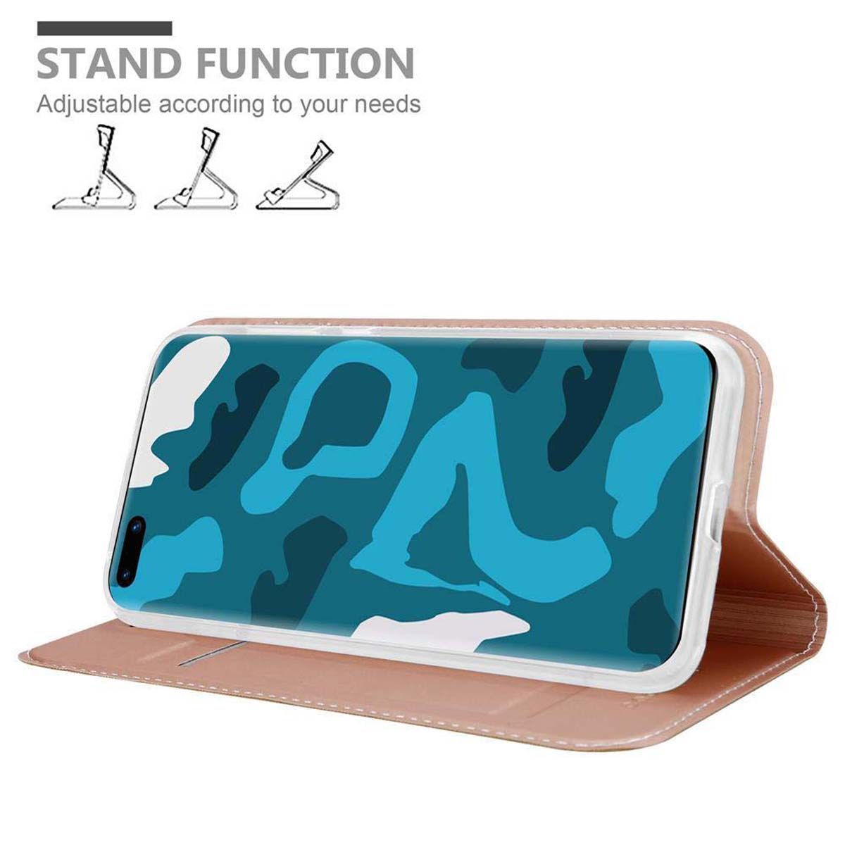 Telefon in einem rosa Gehäuse mit Ständerfunktion. Der Bildschirm hat ein Camouflage-Muster.