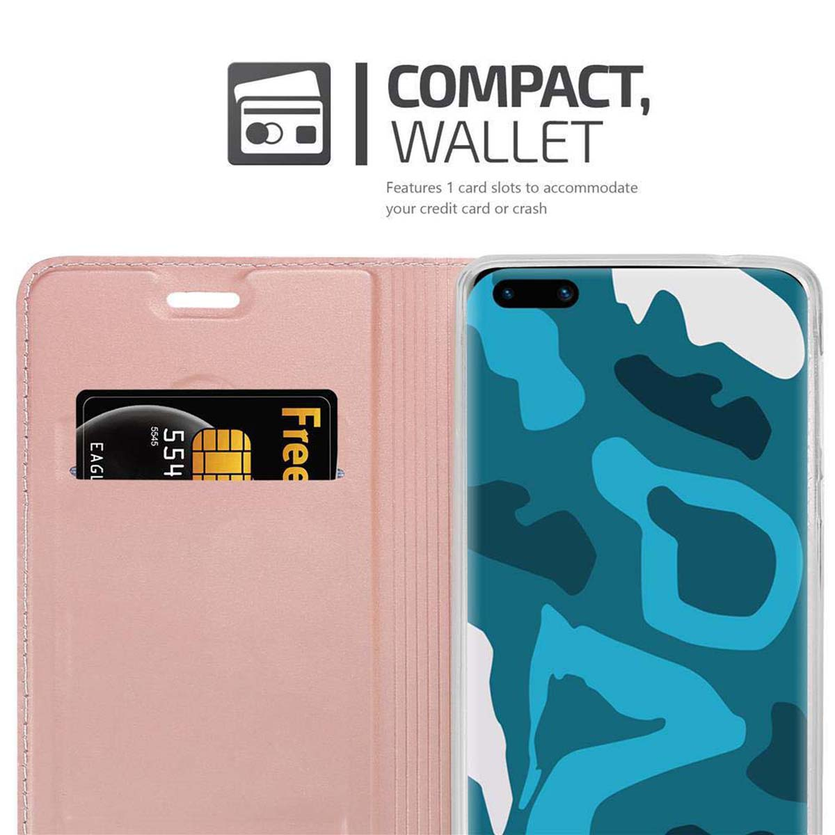 Pinke Handyhülle mit Brieftaschenfunktion. Ein Telefon mit Bildschirm, Kartensteckplatz und Kreditkarte ist sichtbar.