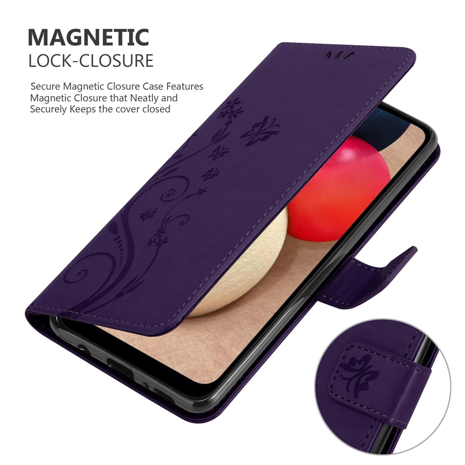 Custodia per telefono viola, aperta, con telefono. Testo: Chiusura magnetica.