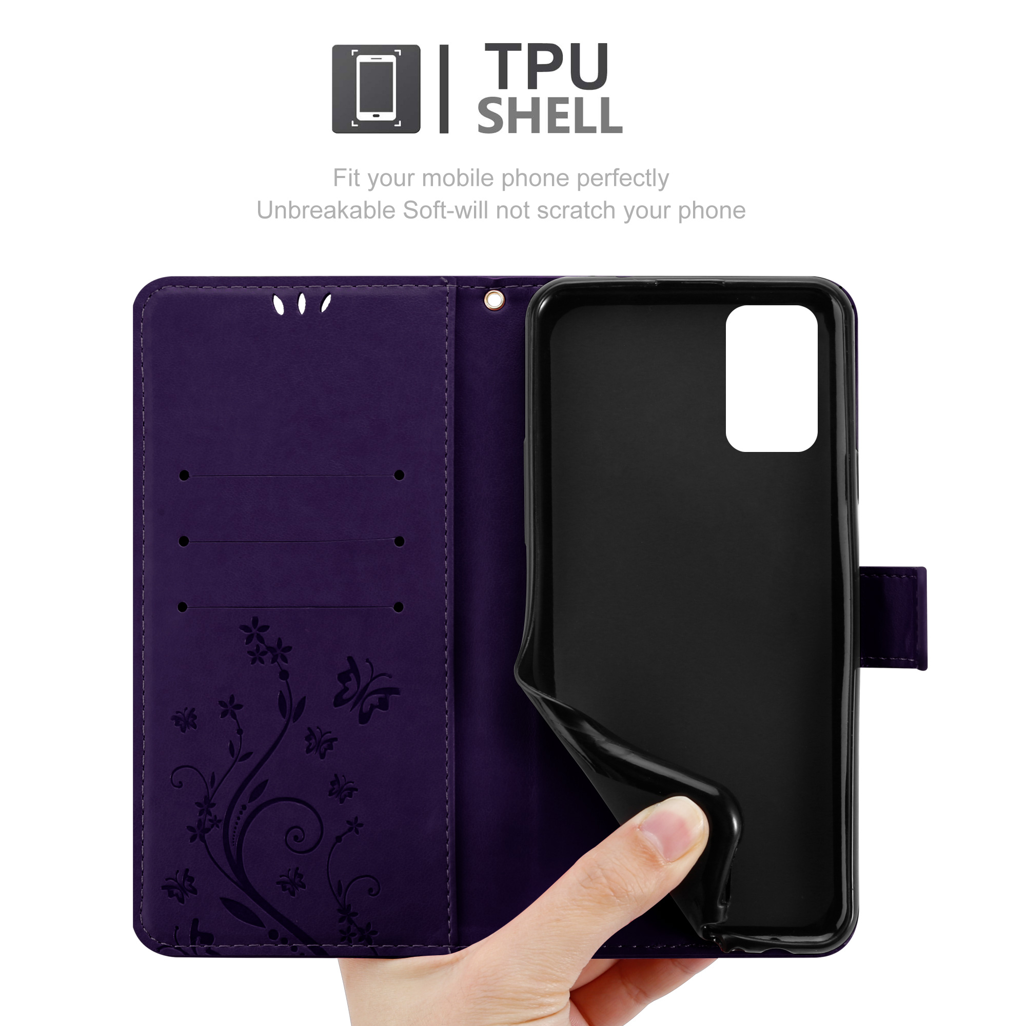 Custodia viola per telefono aperta, con una mano che tiene il telefono. Design floreale all'interno della custodia.