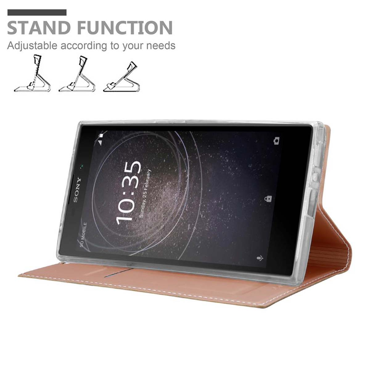 Eine Handyhülle mit einem Telefon darin. Die Hülle ist geöffnet, mit einer Standfunktion. Der Text lautet "Standfunktion".
