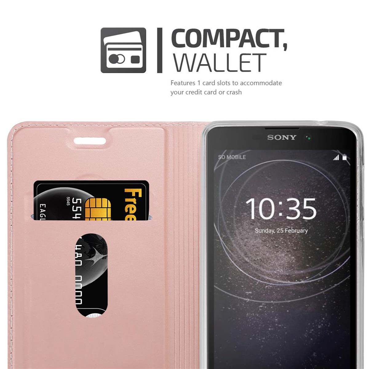 Geöffnete Handyhülle mit Kartenfach und Handy. Text: 'KOMPAKT, GELDBÖRSE'. Sony-Handy, 'Free'-Kreditkarte drin.