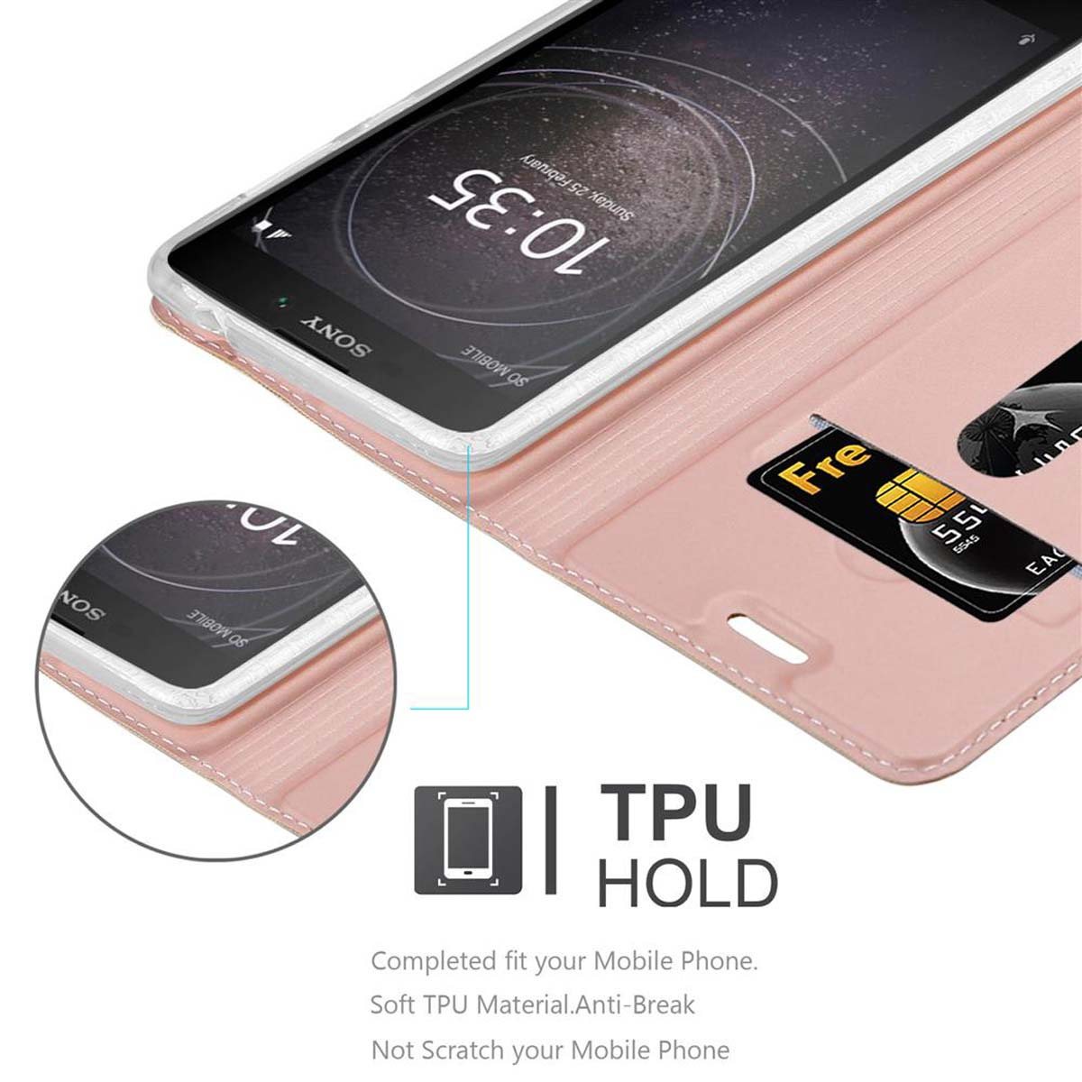 Rosa Handyhülle, offen, mit Kartenfach und Telefon. TPU-Hold-Etikett.