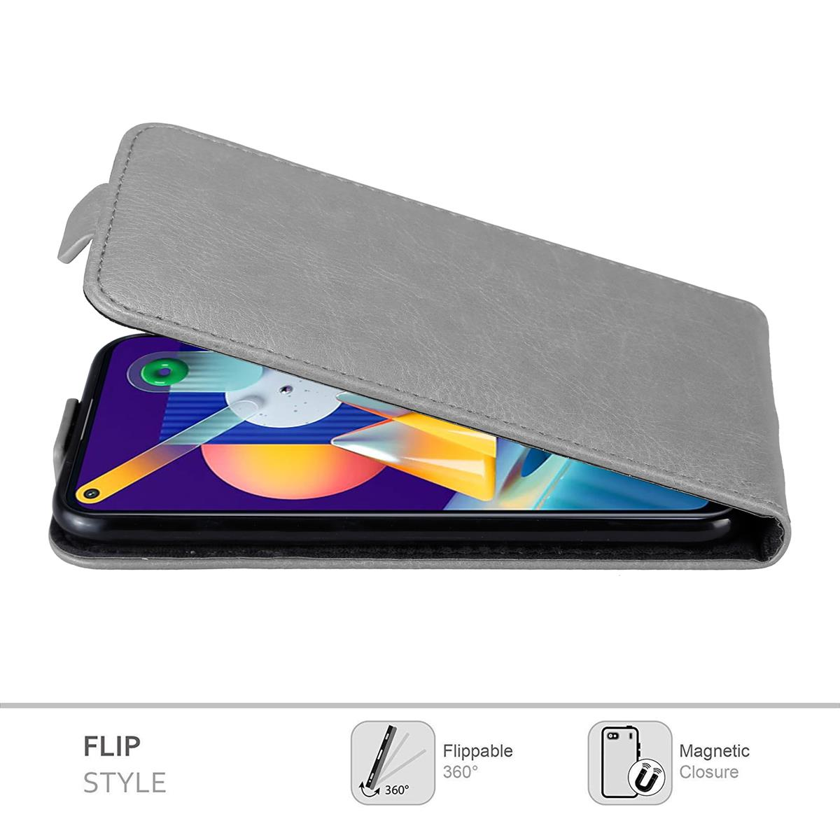 Graue Handyhülle mit Telefon. Flip-Stil. Enthält einen Magnetverschluss und 360 Grad.