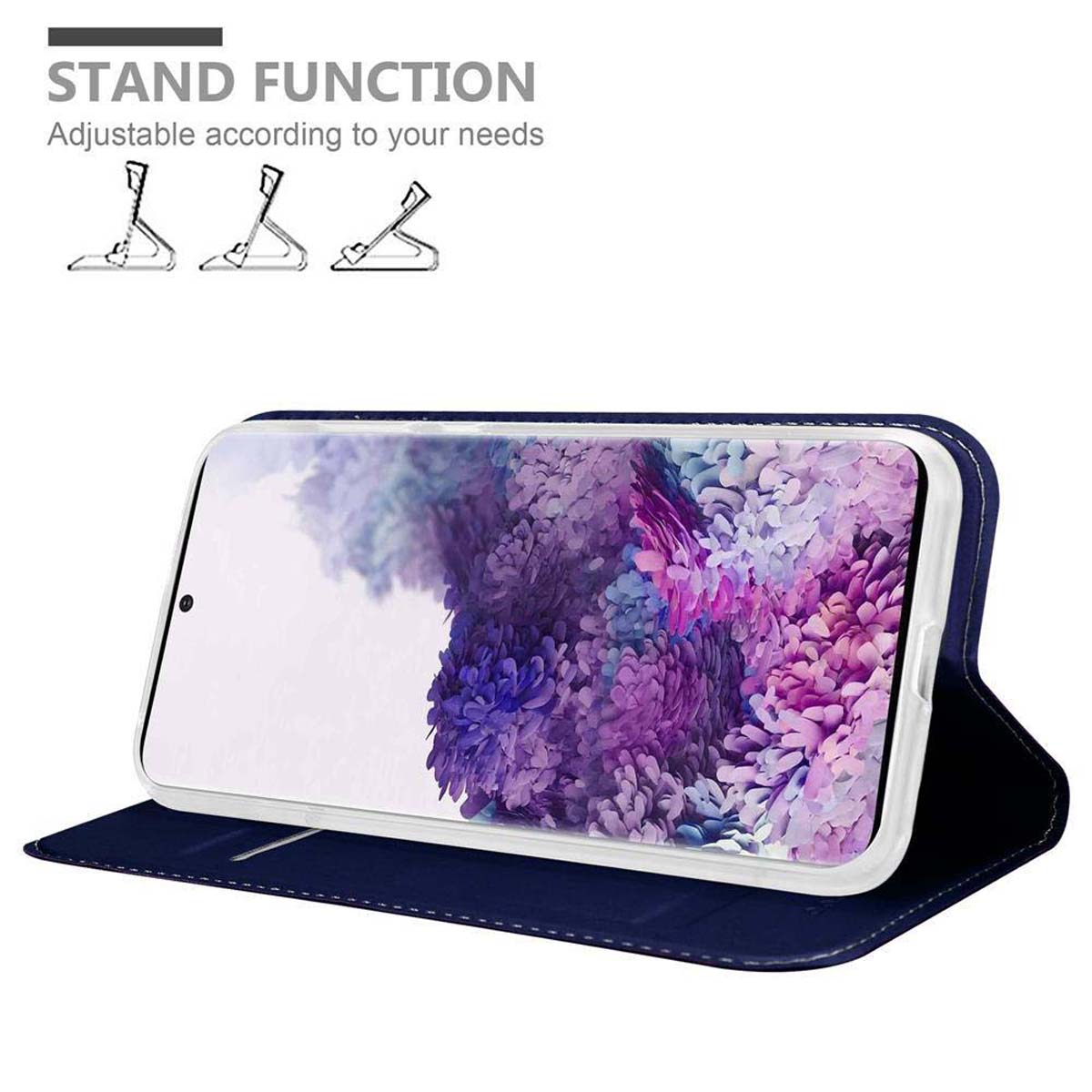 Telefono in custodia blu. Funzione stand. Il telefono mostra un motivo floreale sullo schermo. Sfondo bianco.