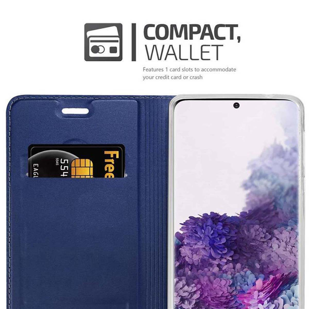 Una custodia blu per telefono è aperta, rivelando un telefono con uno slot per carte di credito. La custodia è un portafoglio.