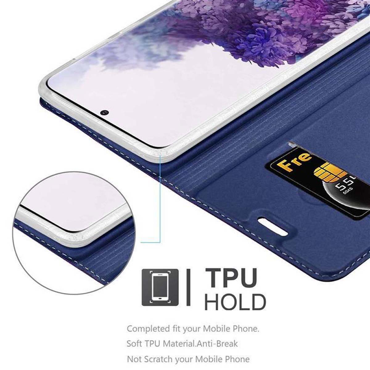 Custodia per telefono blu con un telefono e una carta. La custodia è aperta e il TPU HOLD è visibile.