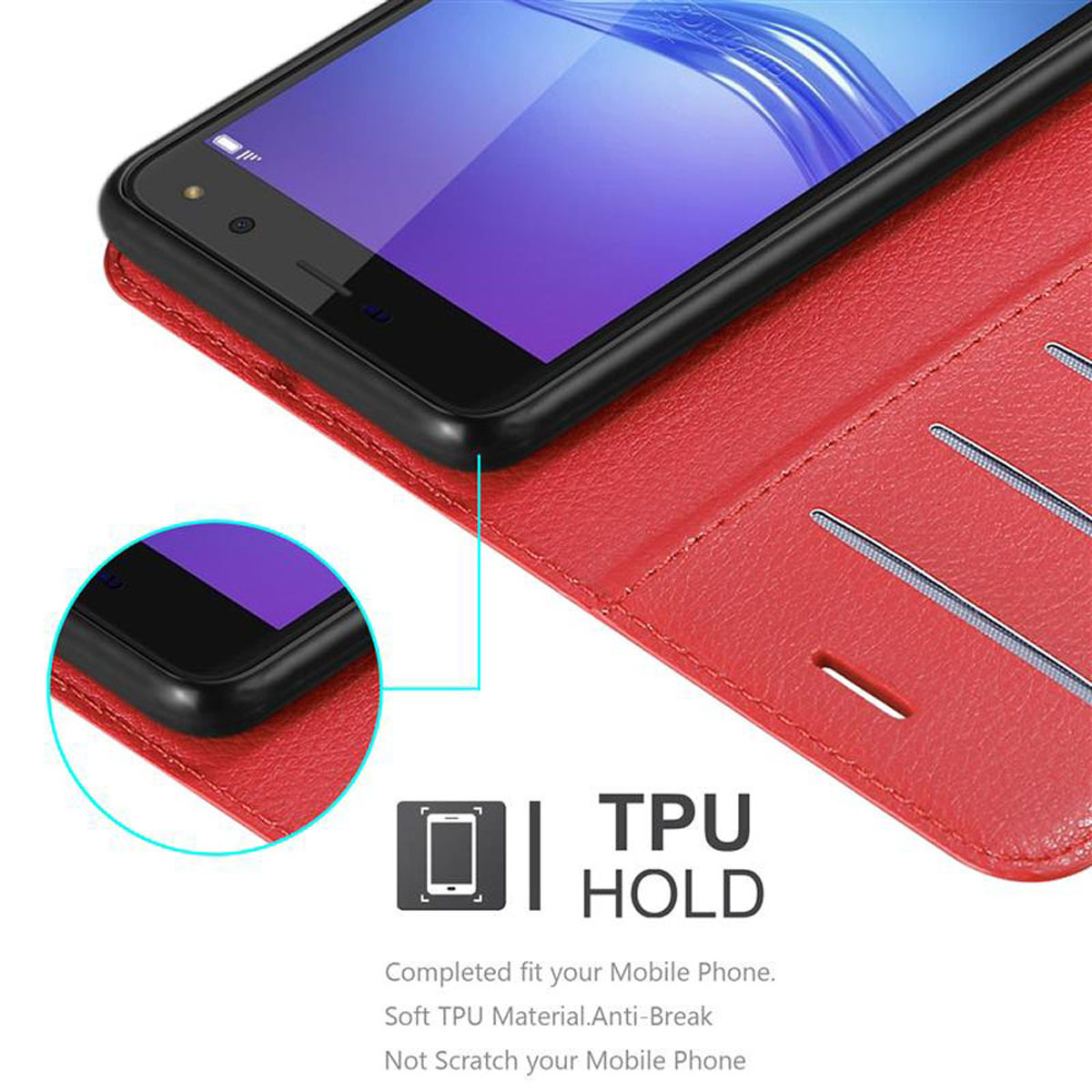 Schwarzes Telefon mit Hülle, der Bildschirm ist blau. TPU-Halterung ist geschrieben. Die Hülle ist offen.