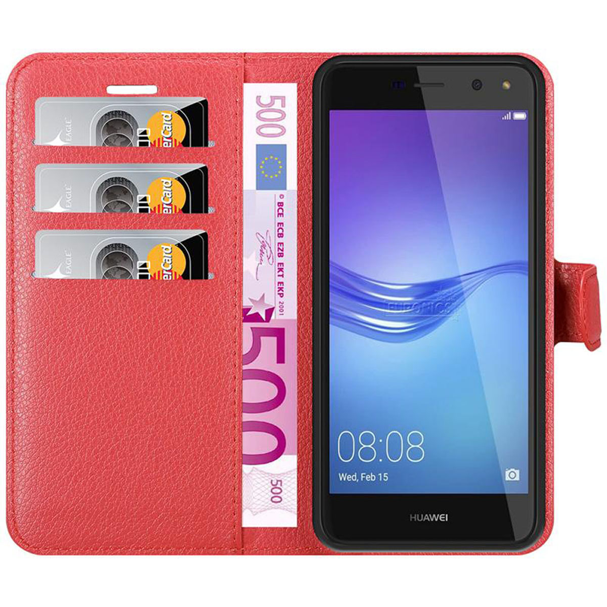 Rote Handyhülle mit einem Telefon darin. In der Hülle befinden sich Karten und Geld.