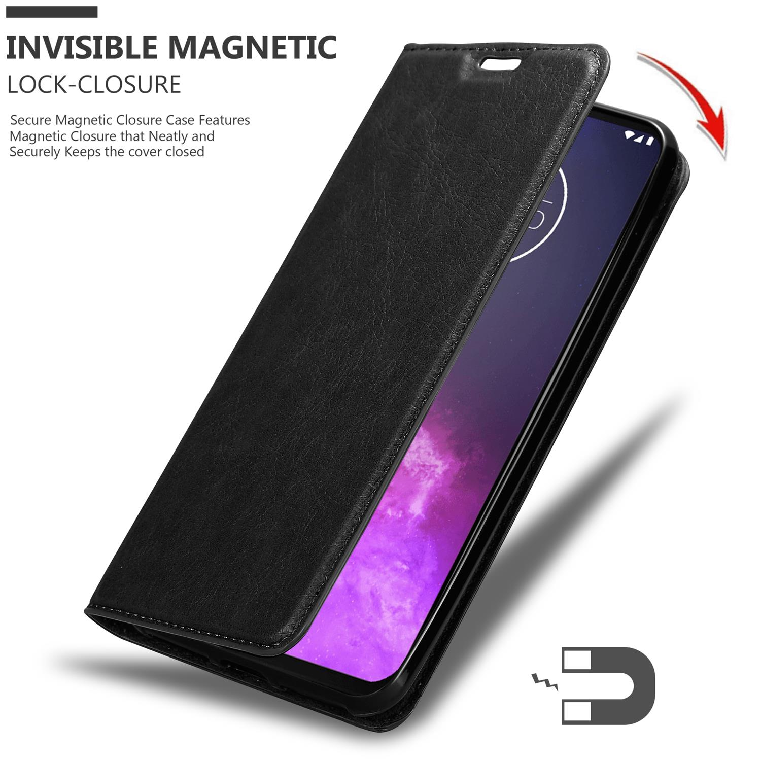 Custodia nera per telefono, aperta, con un telefono dentro e una chiusura magnetica.